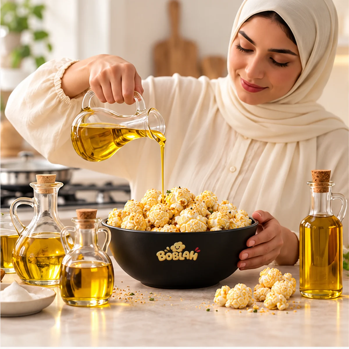 امرأة عربية تختار زيت الفشار بجوار وعاء فشار مشروم يحمل شعار بوبلة