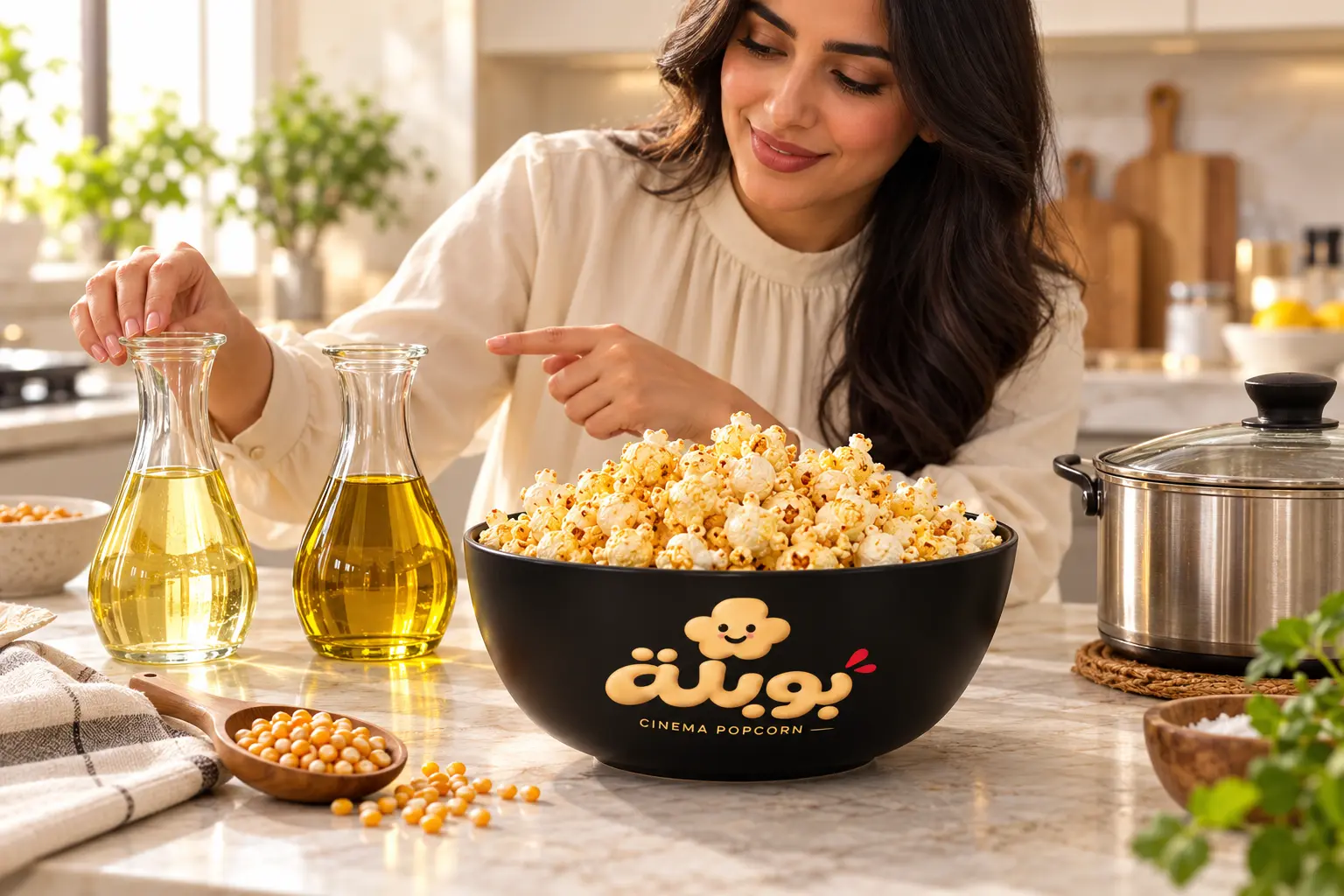 Cooking oils beside mushroom popcorn in a BOBLAH branded bowl