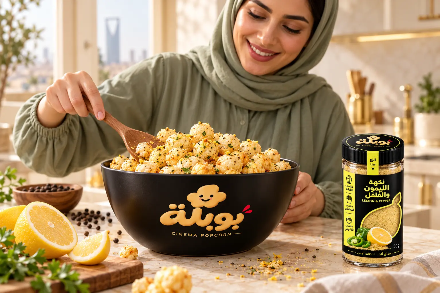 Lemon pepper mushroom popcorn with BOBLAH seasoning and branded bowl