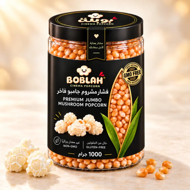 BOBLAH premium jumbo mushroom popcorn kernels in a branded 1000 g jar